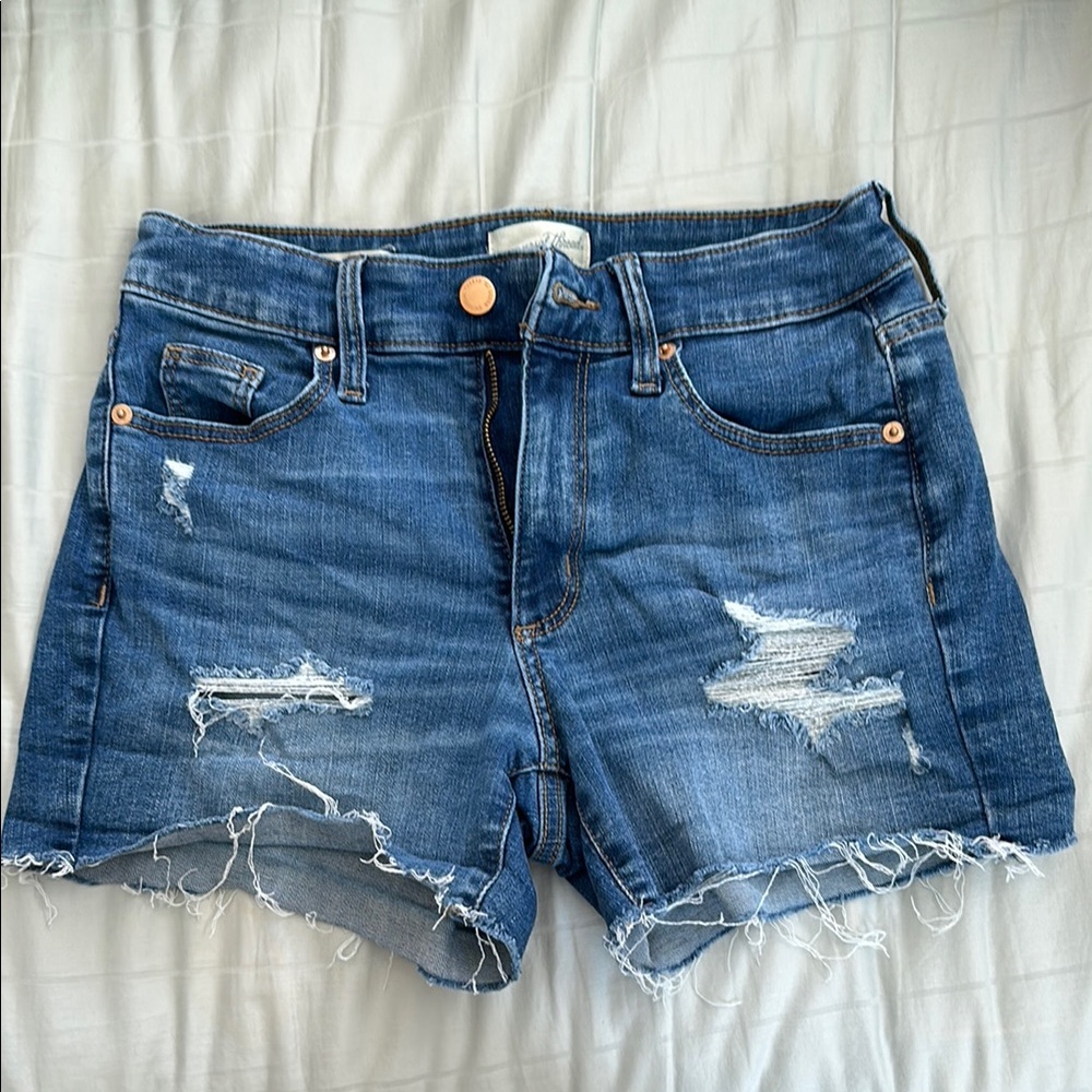 Universal Thread Blue Jean Shorts with Distressed Look and Raw Edge Hem
